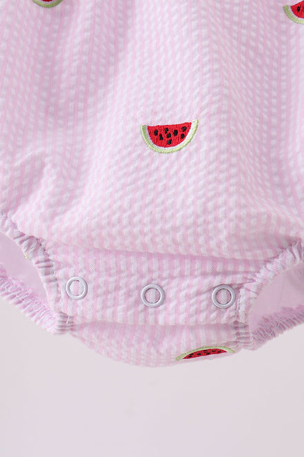 Pink stripe watermelon embroidery seersucker ruffle bubble