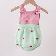 Red stripe watermelon embroidery seersucker bubble