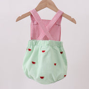 Red stripe watermelon embroidery seersucker bubble