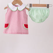 Red stripe watermelon embroidery seersucker bloomer set
