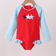 Red star embroidery ruffle rashguard