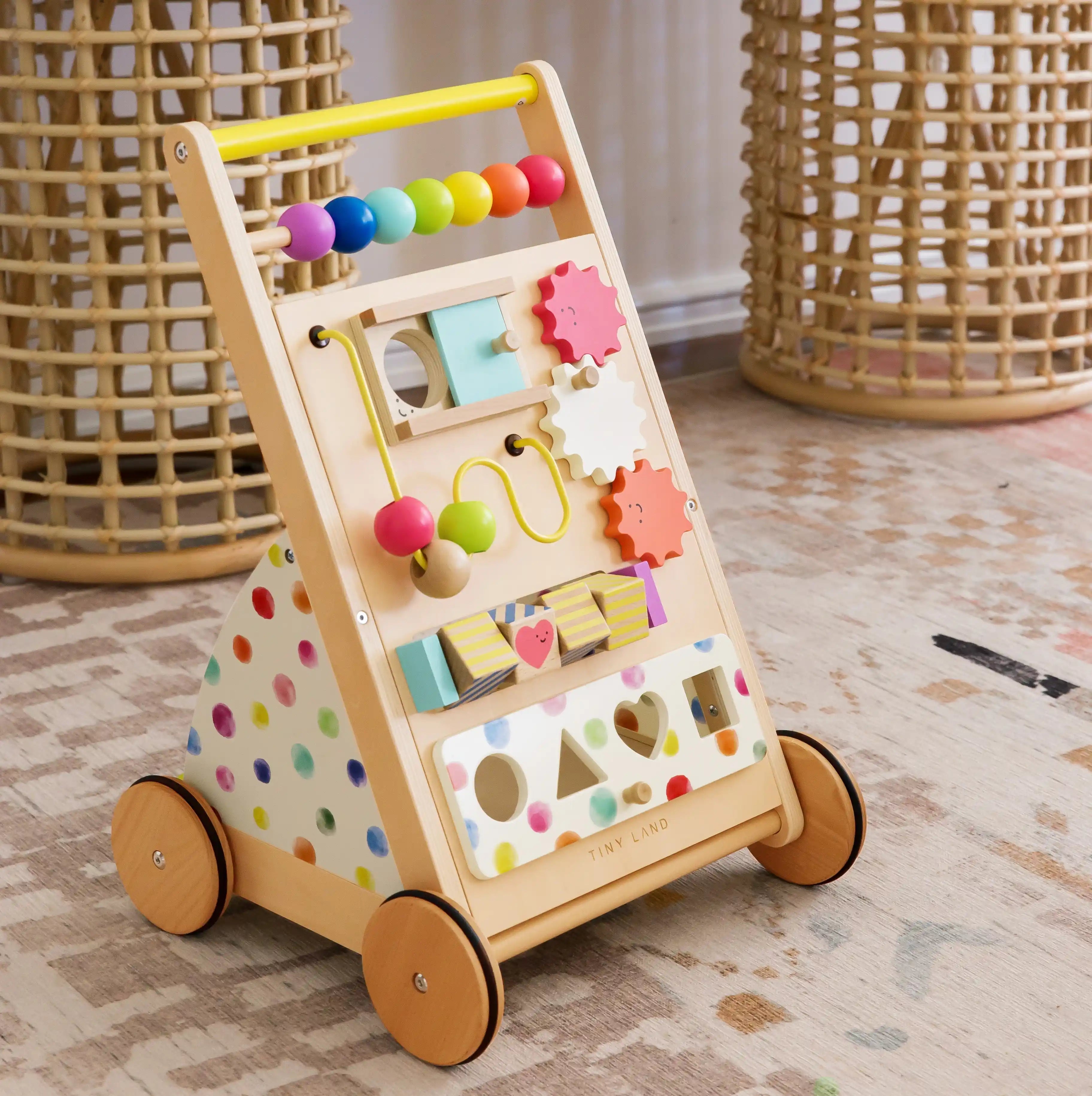 Tiny Land® Rainbow Wooden Baby Walker — Natural Wood Activity Push Toy for Babies | Little Janey