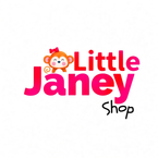 A logo-style graphic reading 'Little Janey Shop' on a plain white background, with a cartoon orange monkey wearing a pink bow above the text.