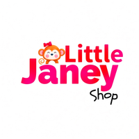 A logo-style graphic reading 'Little Janey Shop' on a plain white background, with a cartoon orange monkey wearing a pink bow above the text.