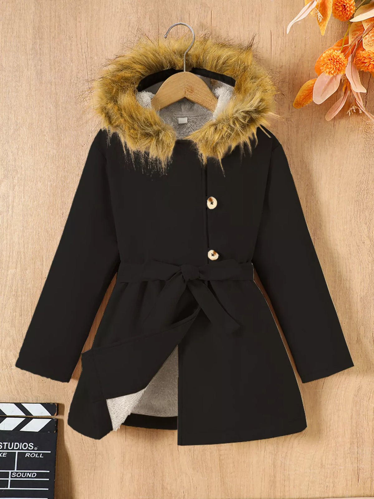 Children's Tie Waist Faux Fur Hooded Outerwear - Little Janey Shop