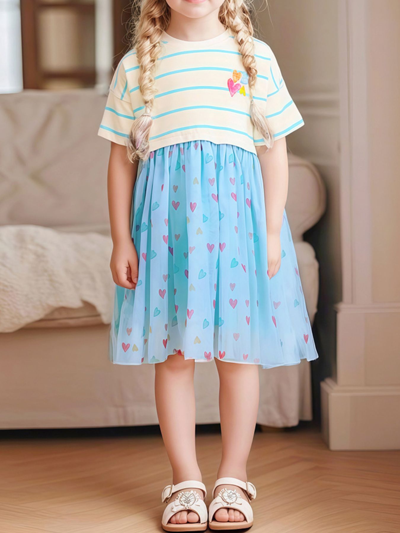 Girls' Striped Heart Print Tulle Dress with Bow | 100% Cotton | Sizes 2Y–6Y - Little Janey Shop