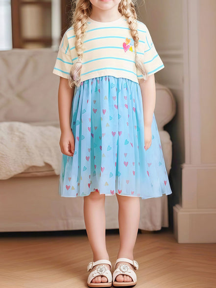 Girls' Striped Heart Print Tulle Dress with Bow | 100% Cotton | Sizes 2Y–6Y - Little Janey Shop