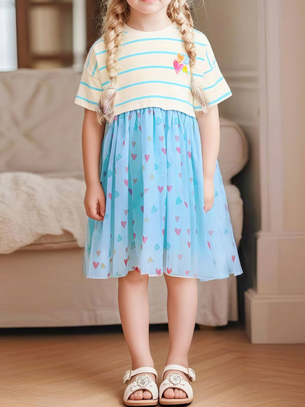 Girls' Striped Heart Print Tulle Dress with Bow | 100% Cotton | Sizes 2Y–6Y - Little Janey Shop