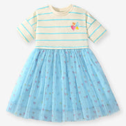 Girls' Striped Heart Print Tulle Dress with Bow | 100% Cotton | Sizes 2Y–6Y - Little Janey Shop
