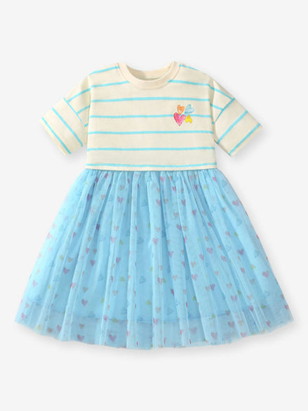 Girls' Striped Heart Print Tulle Dress with Bow | 100% Cotton | Sizes 2Y–6Y - Little Janey Shop
