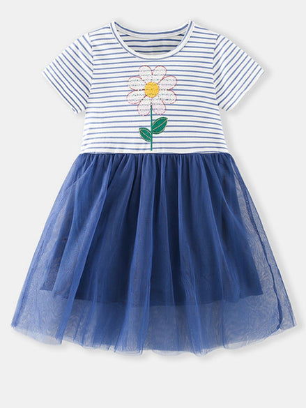 Girls' Navy Striped Flower Sequin Tulle Dress | Little Janey - Little Janey Shop
