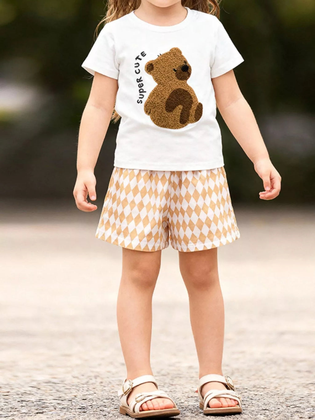Children's Bear Graphic Tee & Diamond Pattern Shorts Set - Little Janey Shop