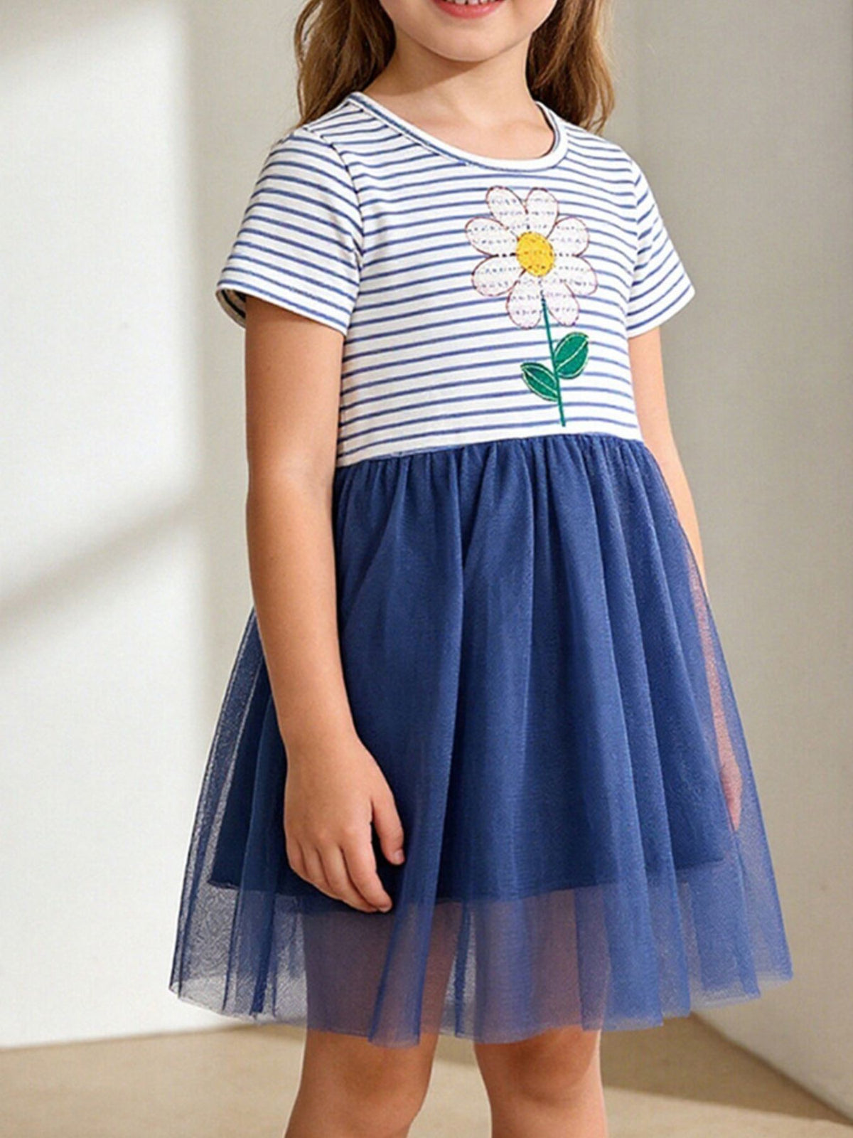 Girls' Navy Striped Flower Sequin Tulle Dress | Little Janey - Little Janey Shop