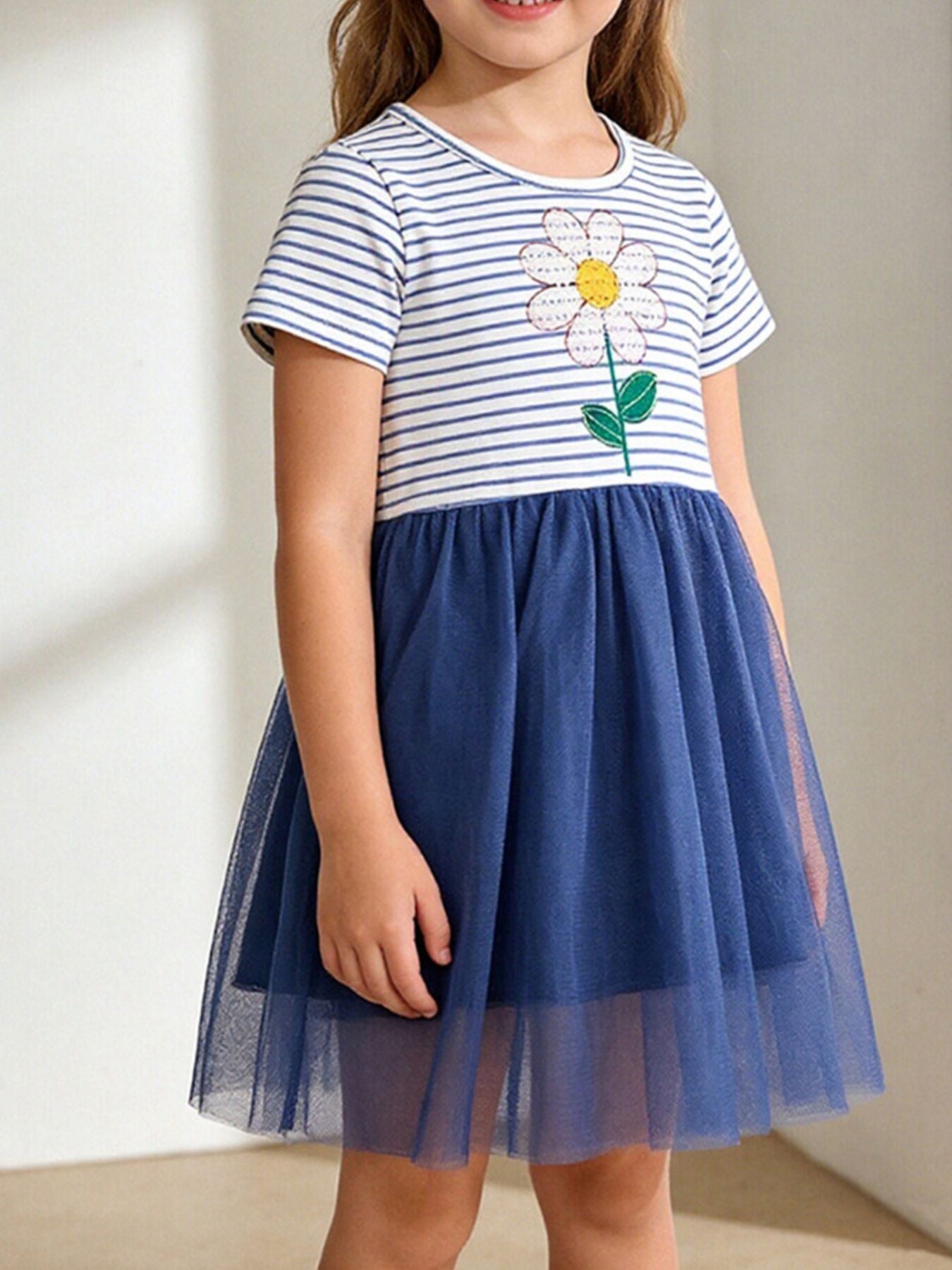 Girls' Navy Striped Flower Sequin Tulle Dress | Little Janey - Little Janey Shop