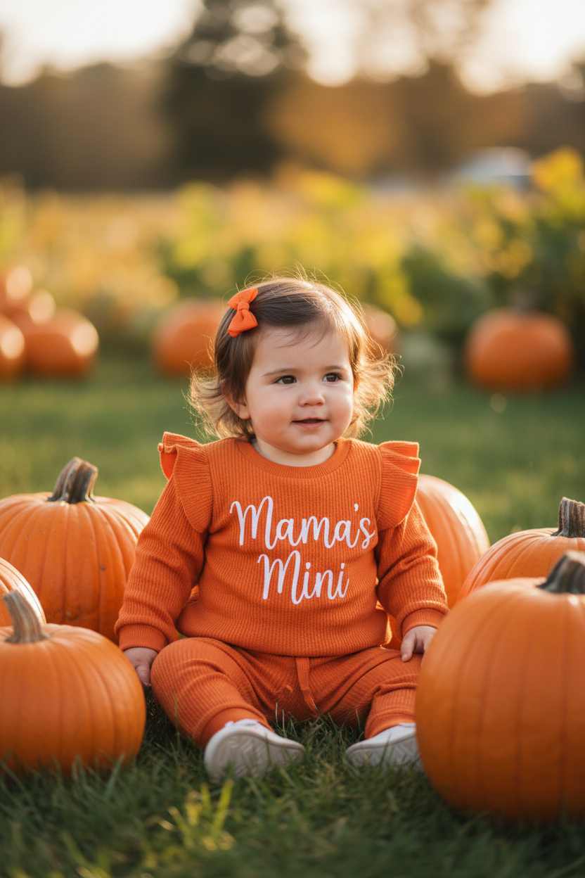 Baby Girl in Pumpkin Patch - Orange Mama's Mini