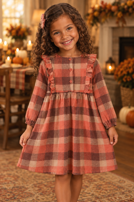 Biracial girl wearing the rust plaid dress