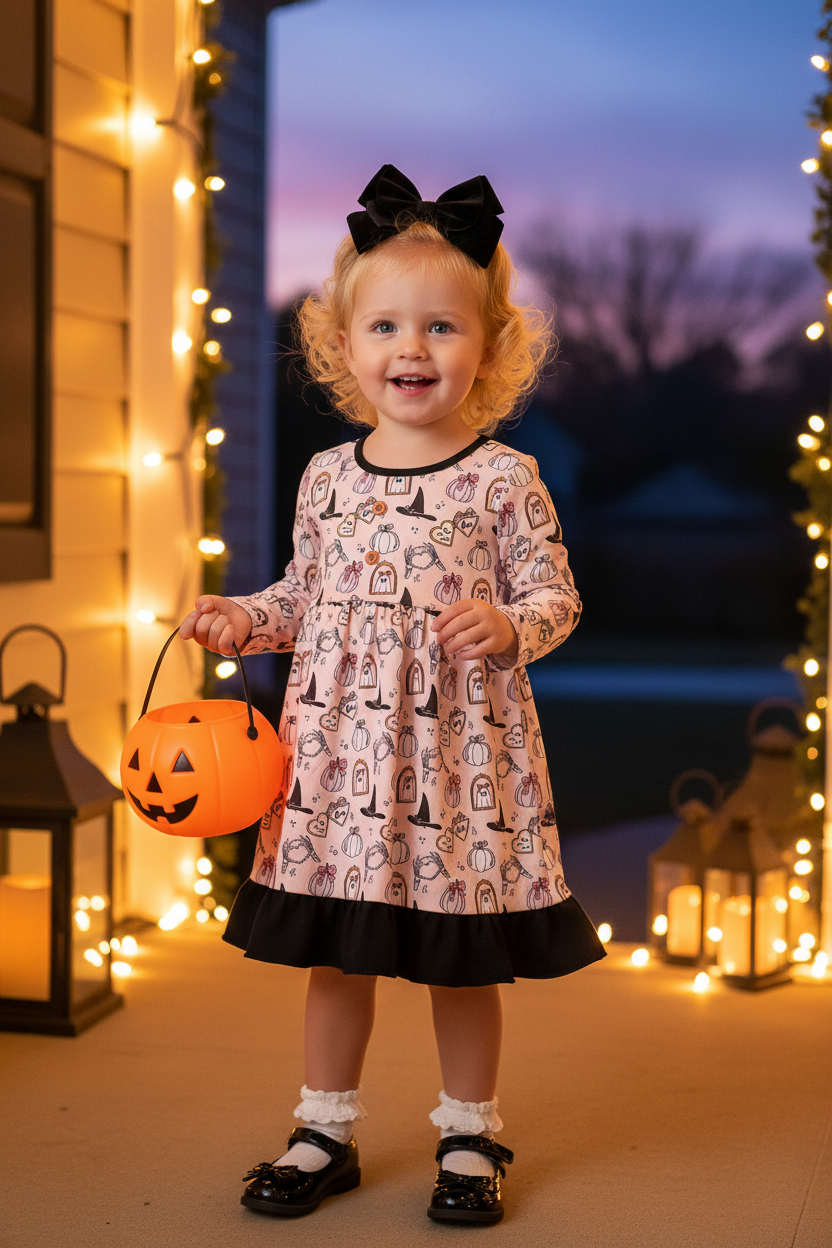 Blonde Toddler Halloween Dress Porch String Lights