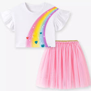 Children's Rainbow Ruffle Sleeve Top and Tulle Skirt Set - Little Janey Shop