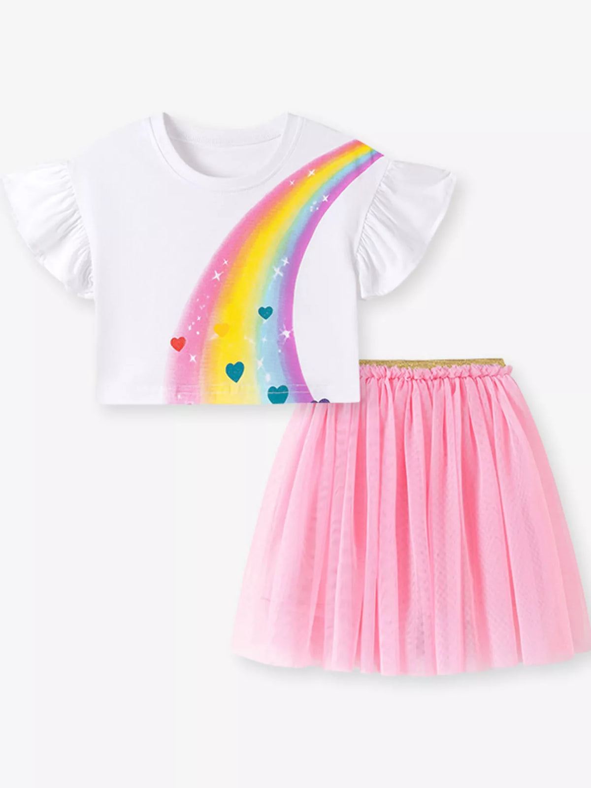 Children's Rainbow Ruffle Sleeve Top and Tulle Skirt Set - Little Janey Shop