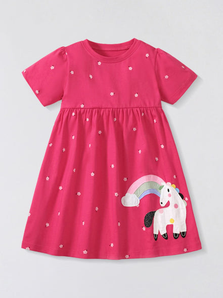 Girls' Unicorn Rainbow Short Sleeve Dress | 100% Cotton | Sizes 2Y–7Y - Little Janey Shop