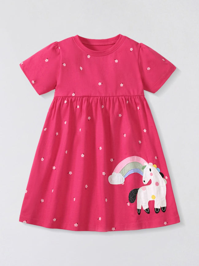 Girls' Unicorn Rainbow Short Sleeve Dress | 100% Cotton | Sizes 2Y–7Y - Little Janey Shop