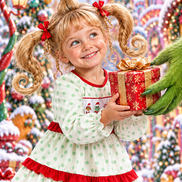 Close hero crop: girl's Whoville pigtails, smiling face, gift box, and Grinch hand all at eye level