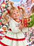 Close hero crop: girl's Whoville pigtails, smiling face, gift box, and Grinch hand all at eye level