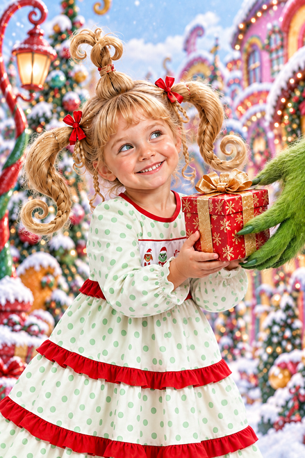Close hero crop: girl's Whoville pigtails, smiling face, gift box, and Grinch hand all at eye level