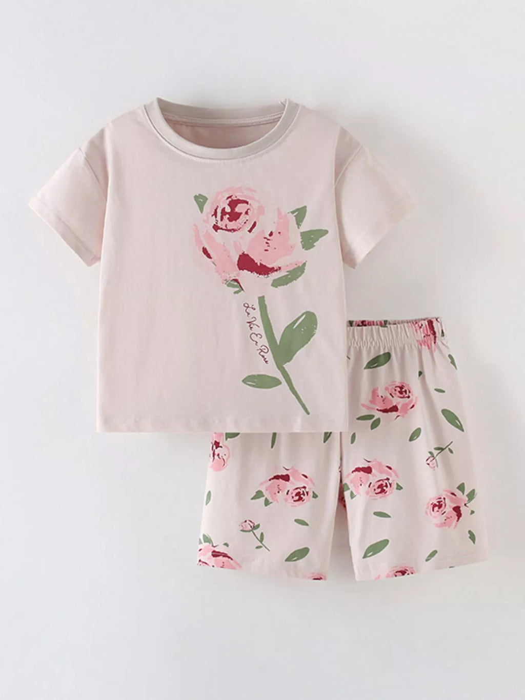 Children's Flower Round Neck Tee and Shorts Set - Little Janey Shop