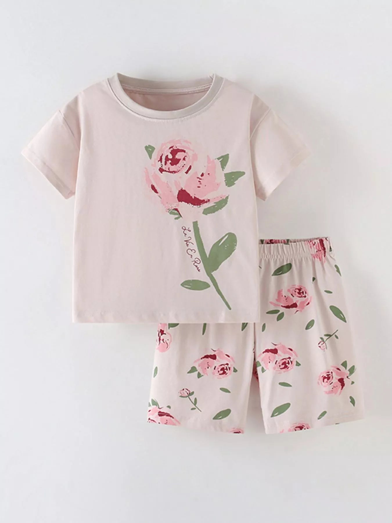 Children's Flower Round Neck Tee and Shorts Set - Little Janey Shop