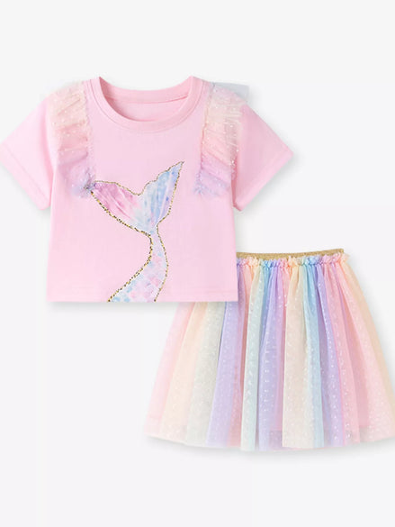 Children's Mermaid Tail Tee & Rainbow Tulle Skirt Set - Little Janey Shop