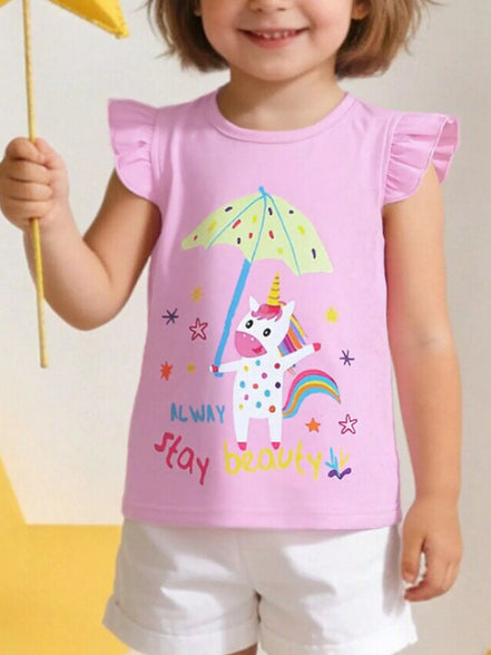 Children's Cute Unicorn Graphic Ruffle Sleeve T-Shirt - Little Janey Shop