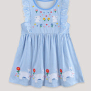 Children's Striped Bunny Embroidered Ruffle Sleeve Dress - Little Janey Shop