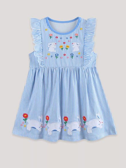 Children's Striped Bunny Embroidered Ruffle Sleeve Dress - Little Janey Shop