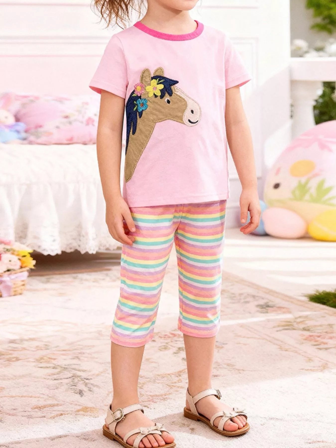Children's Horse Applique Top & Rainbow Striped Pants Set - Little Janey Shop