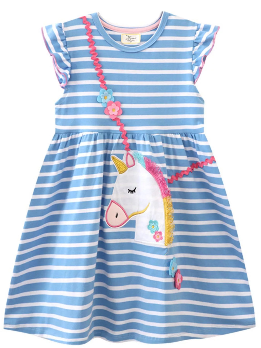 Children's Striped Unicorn Ruffle Sleeve Dress - Little Janey Shop