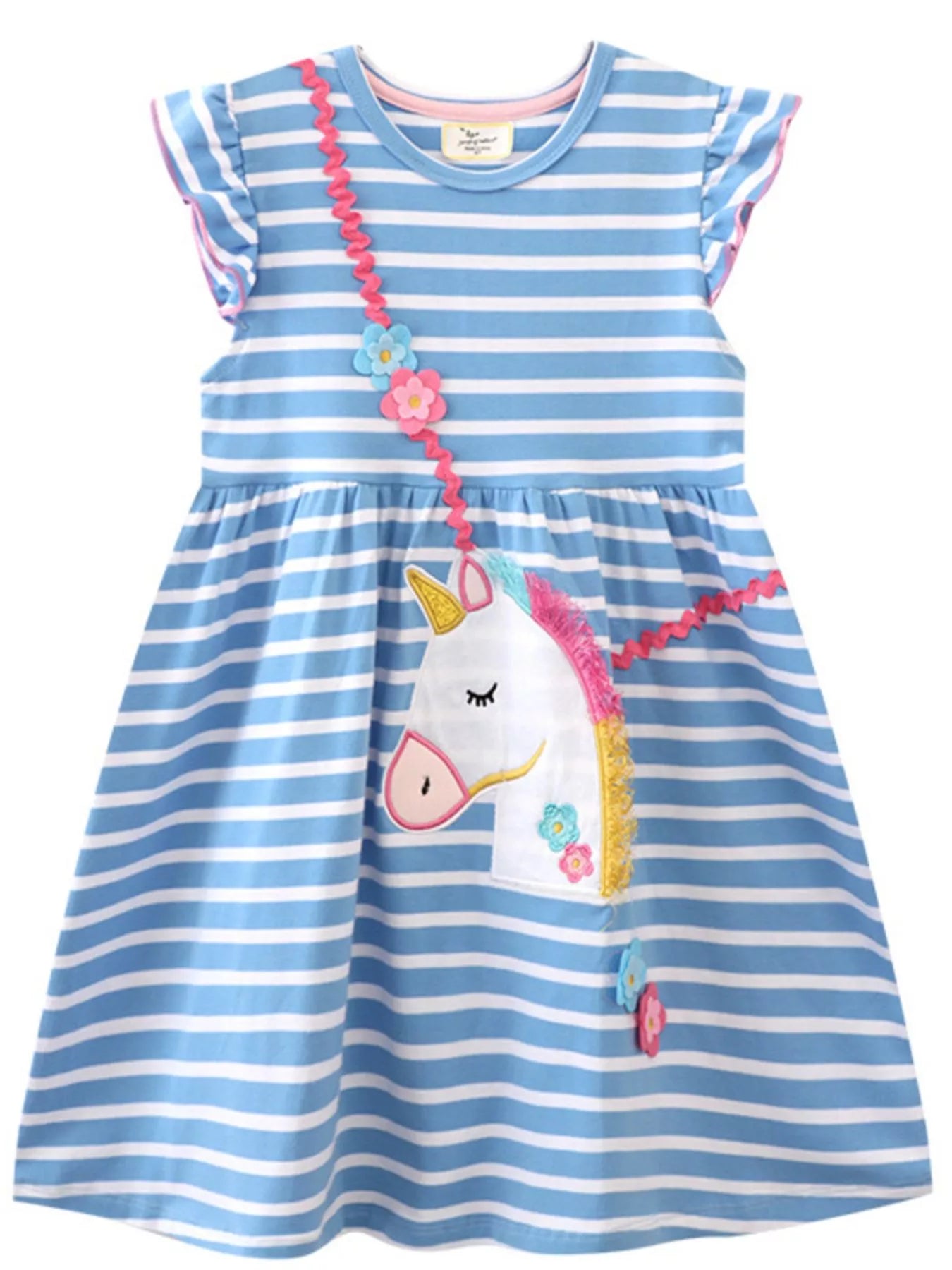 Children's Striped Unicorn Ruffle Sleeve Dress - Little Janey Shop