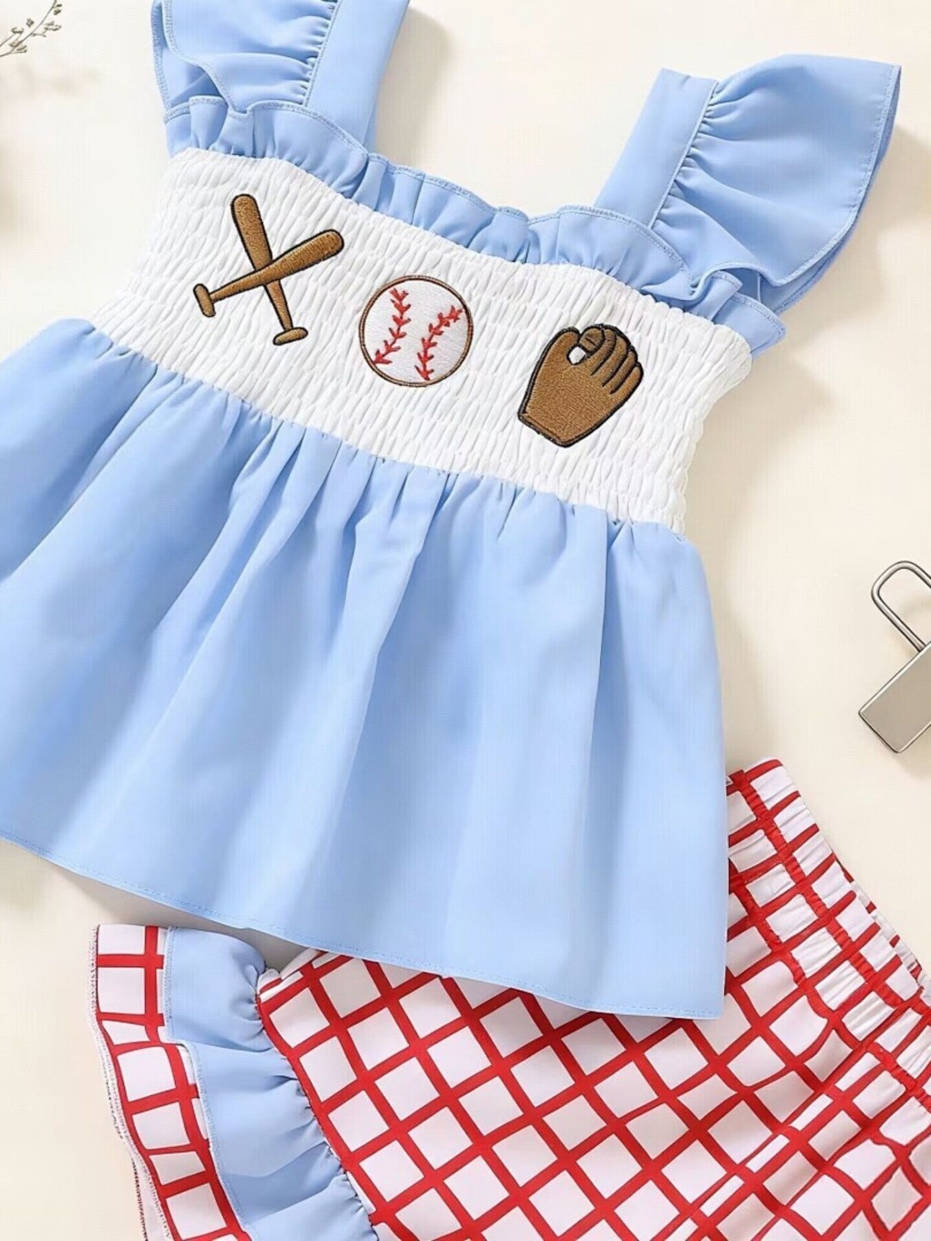 Children's Baseball Embroidered Ruffle Trim Top and Shorts Set - Little Janey Shop