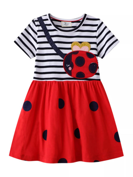 Children's Ladybug Applique Striped Casual Dress - Little Janey Shop