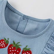 Children's Strawberry Embroidered Puff Sleeve Denim Dress - Little Janey Shop