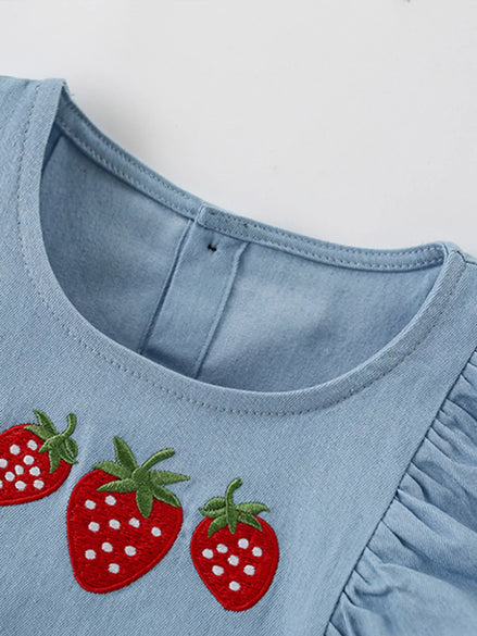 Children's Strawberry Embroidered Puff Sleeve Denim Dress - Little Janey Shop