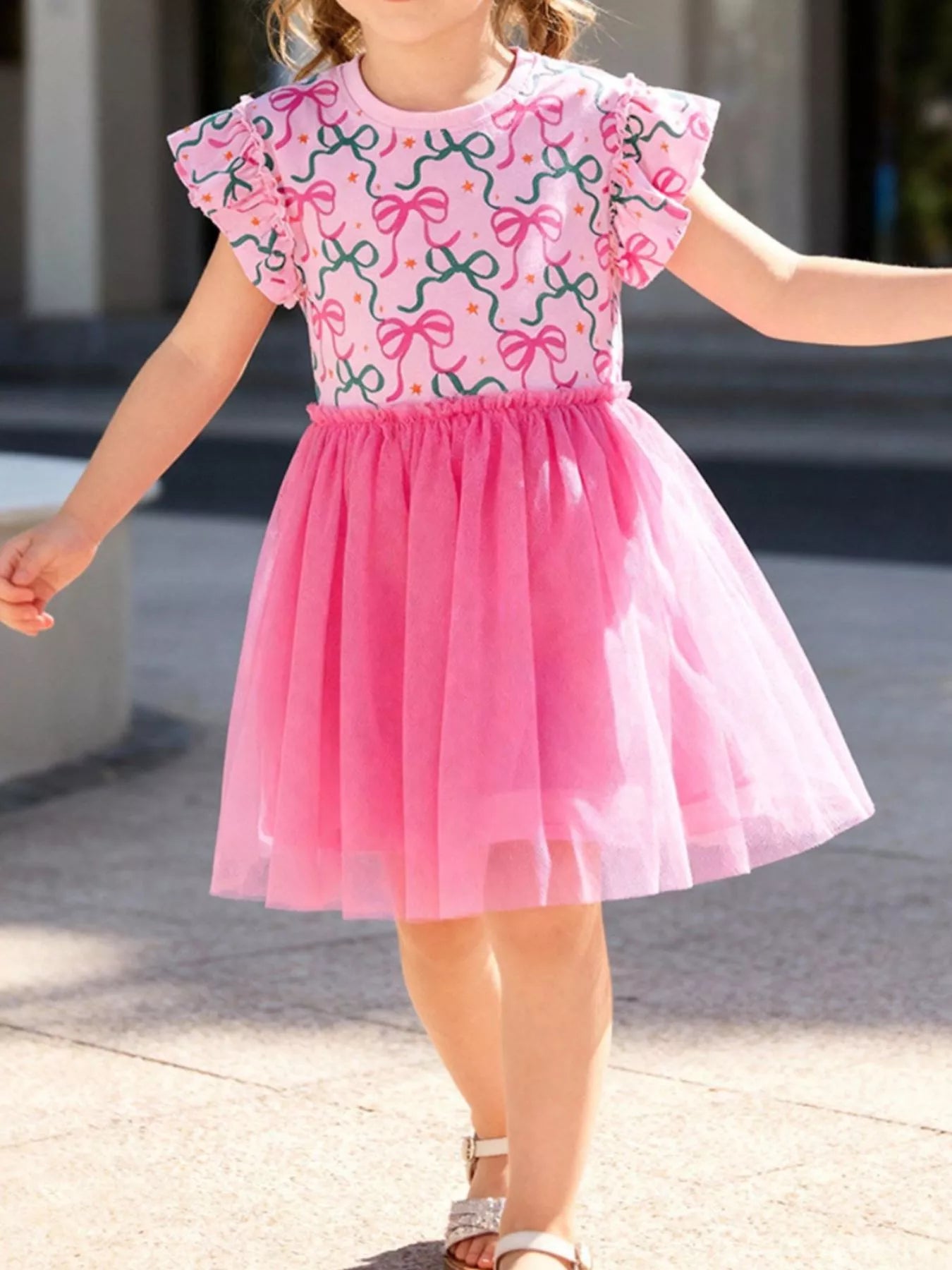 Children's Bowknot Ruffle Sleeve Tulle Dress - Little Janey Shop