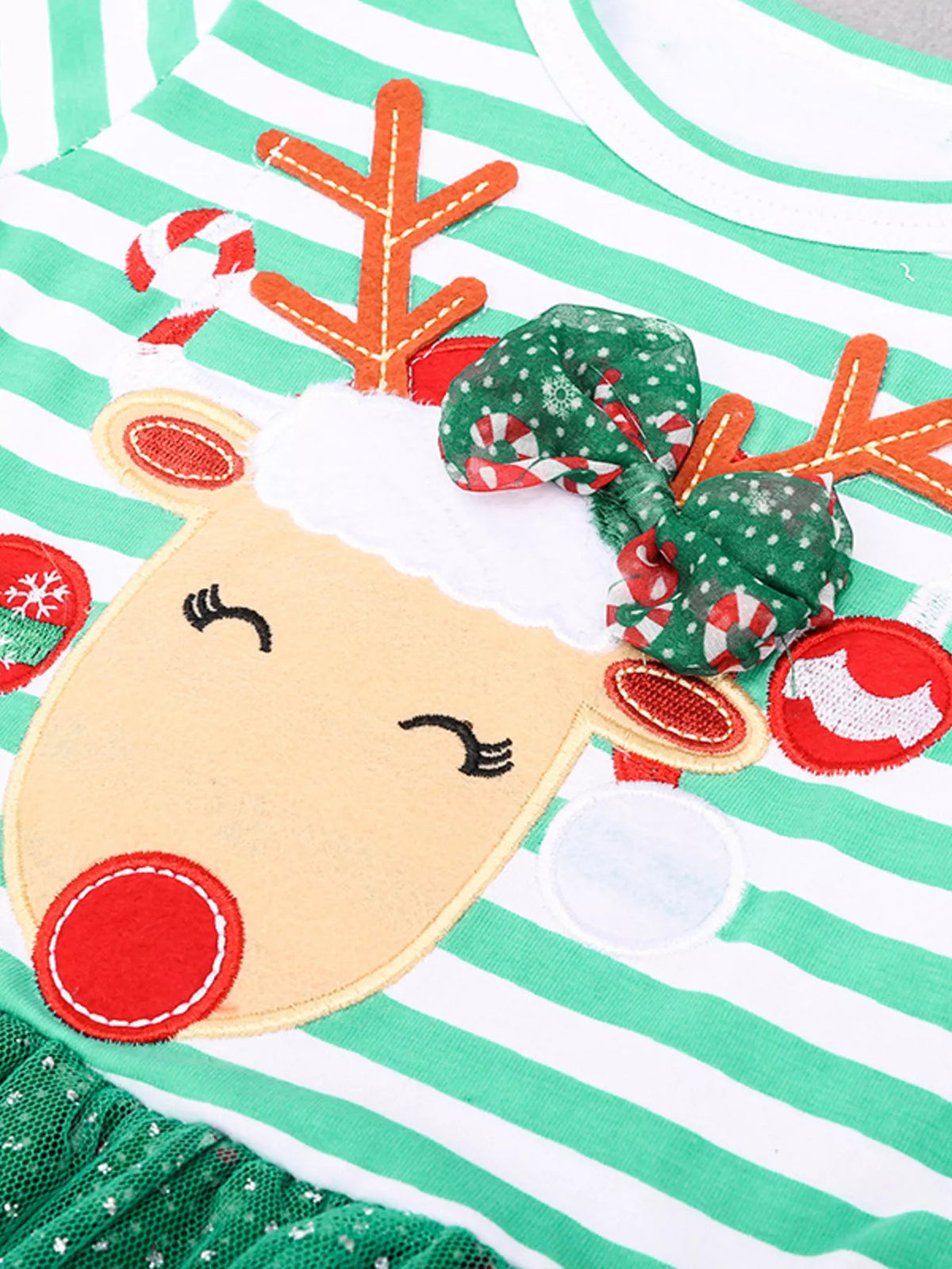 Children's Christmas Reindeer Applique Striped Long Sleeve Dress - Little Janey Shop