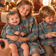 Editorial teal plaid Thanksgiving sibling portrait