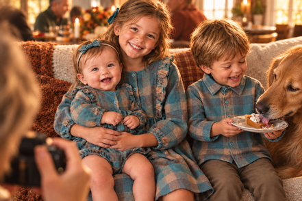 Editorial teal plaid Thanksgiving sibling portrait