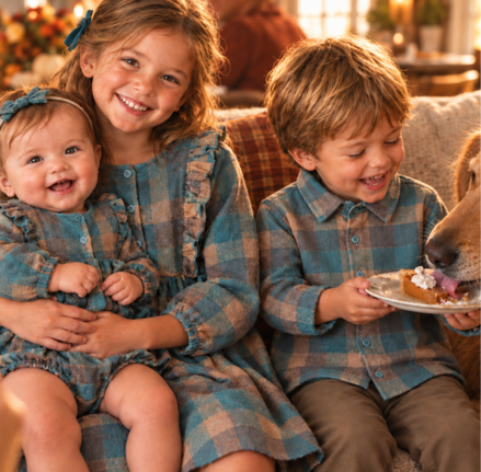 Editorial teal plaid Thanksgiving sibling portrait
