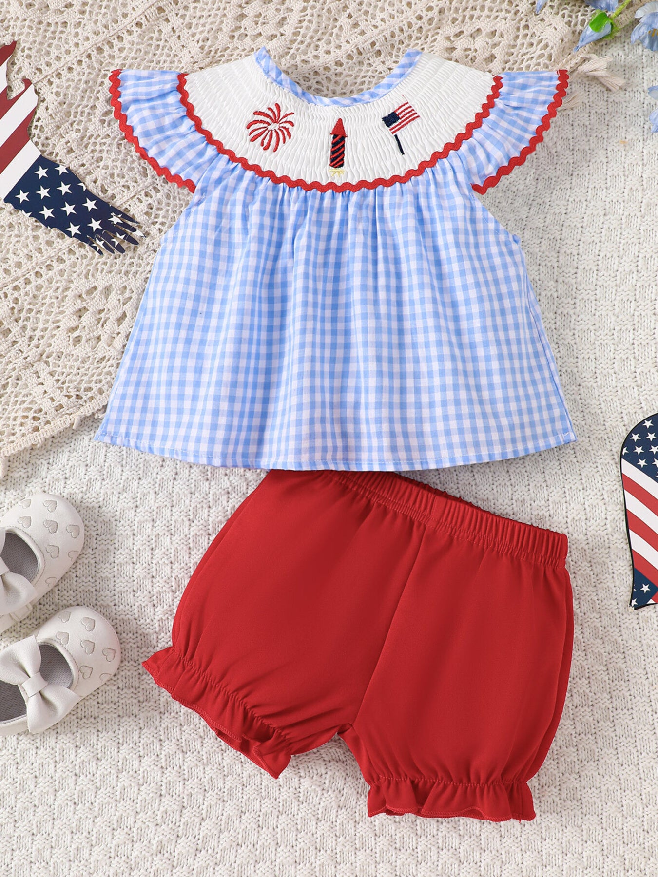 Children's Patriotic Embroidered Gingham Top and Shorts Set - Little Janey Shop