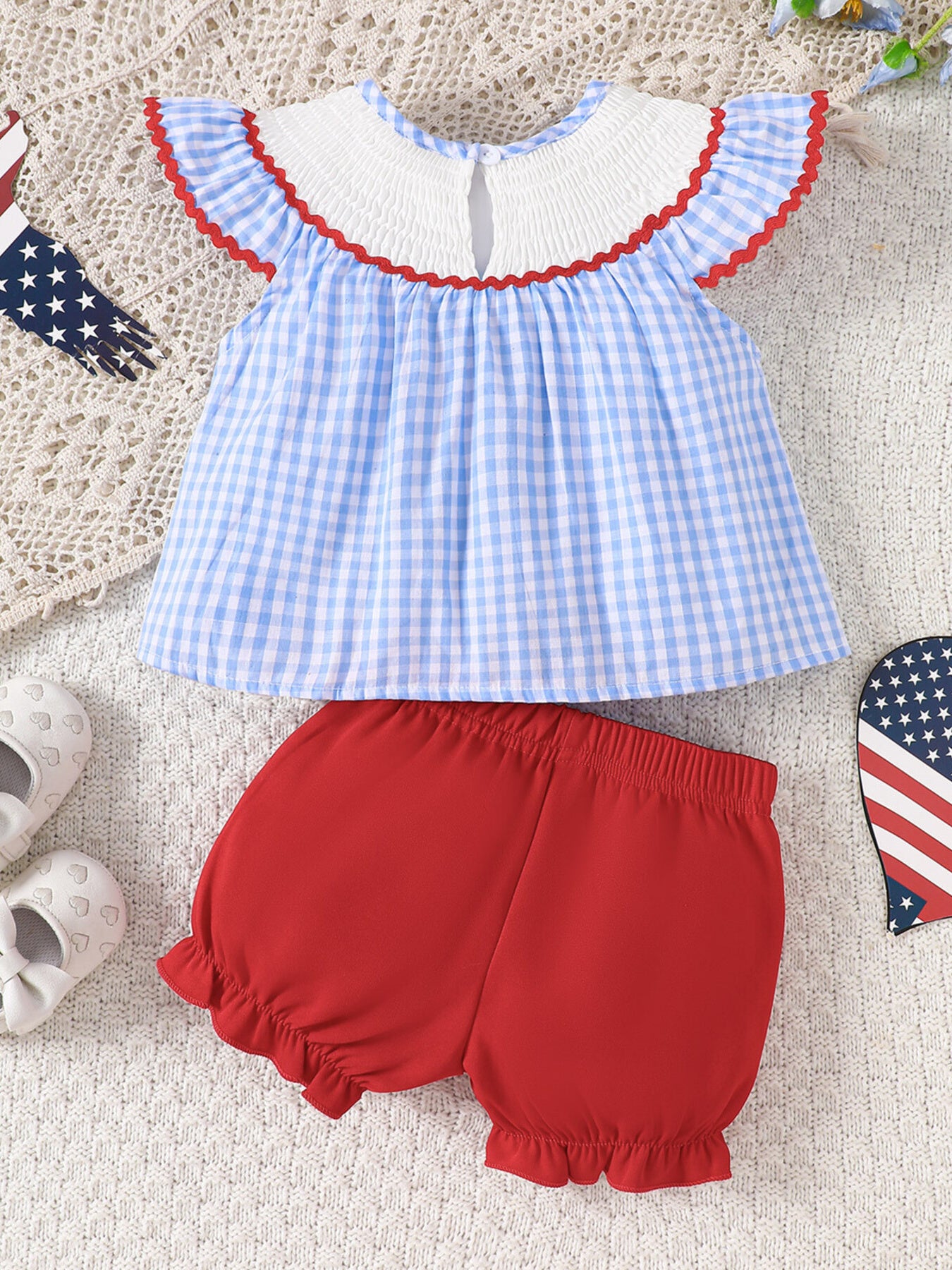 Children's Patriotic Embroidered Gingham Top and Shorts Set - Little Janey Shop