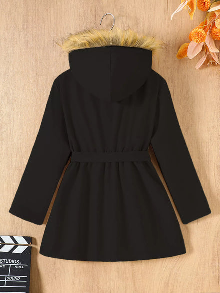 Children's Tie Waist Faux Fur Hooded Outerwear - Little Janey Shop