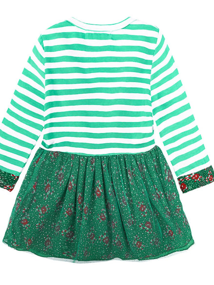 Children's Christmas Reindeer Applique Striped Long Sleeve Dress - Little Janey Shop